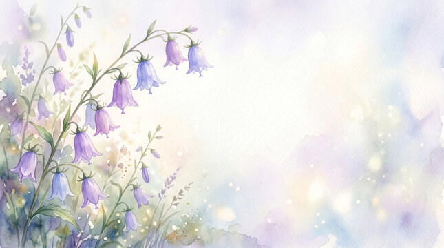 Delicate purple bellflowers illustrated in a soft dreamy watercolor style with light airy artistic textures