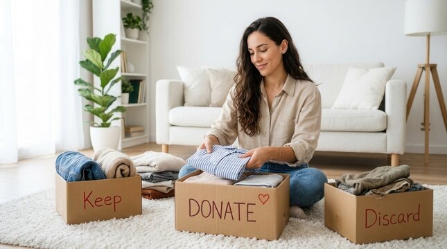 A young woman is donating, decluttering, and cleaning up her wardrobe using cardboard boxes.