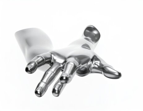 Gleaming metallic prosthetic hand extends outwards, offering support