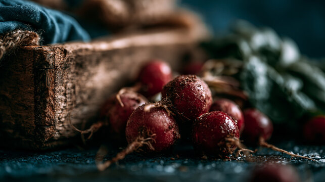 Fresh harvested small red radish roots in a rustic wooden crate with vegetable