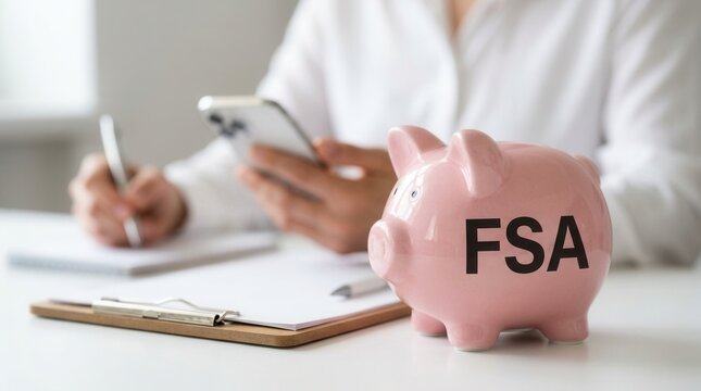A pink piggy bank with FSA text sits on a desk while a person uses a smartphone in the background.