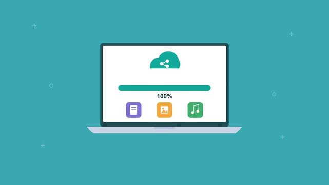 laptop sharing files to the cloud with a progress bar and file icons, teal color scheme