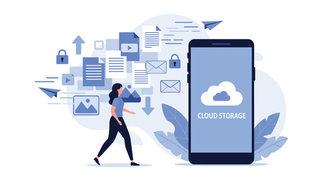 Secure cloud storage and data management concept featuring a woman walking towards a large smartphone surrounded by floating file and photo icons.