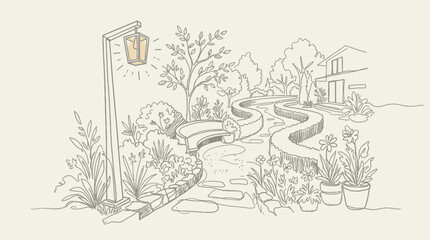 Obraz premium A hand drawn illustration of a cozy garden path with a glowing lantern.