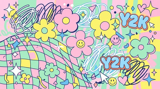 ​A vibrant, Y2K retro-aesthetic illustration featuring playful pastel colors, groovy smiley flowers, sparkling stars, distorted checkered grid patterns, scribbles, and bubble typography that reads "Y2