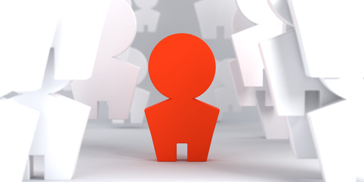Red Human Figure Standing Out Among White Crowd &ndash; 3D Illustration of Leadership, Individuality and Diversity