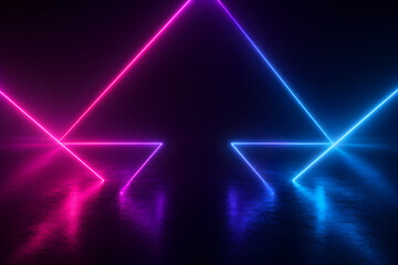 Naklejka premium Neon triangle lines with reflections on transparent background triangles lights glowing geometric shapes abstract illumination light trails reflective surface pink blue futuristic modern digital art