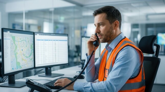 An emergency call center operator provides 911 phone service while monitoring multiple screens.