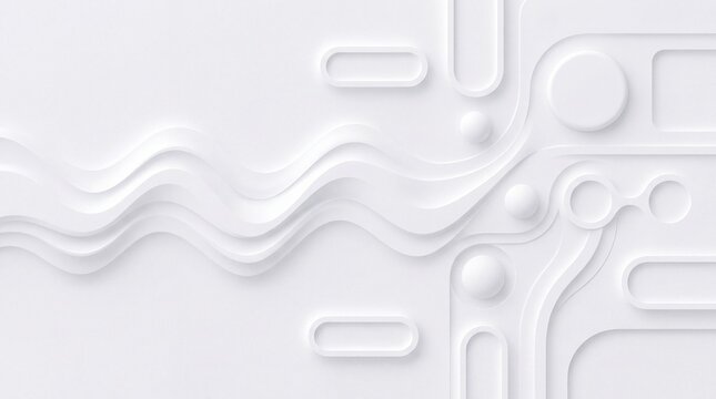 Abstract white background with 3d neomorphism wave and geometric shapes.