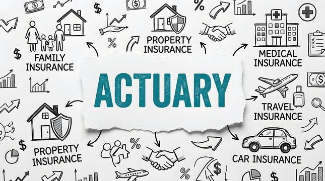 Actuary word written on a piece of torn white paper surrounded by various hand drawn insurance icons including cars houses airplanes and medical buildings on a clean professional bright background.