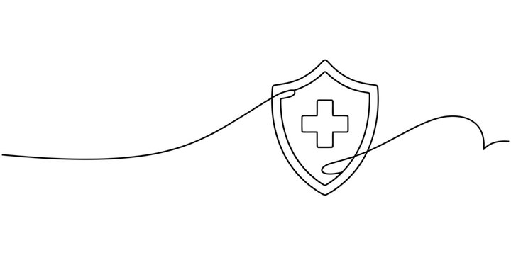 Medical shield icon drawn with one continuous line art for healthcare and safety concepts