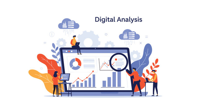 Digital data analysis and business intelligence concept with a team of people working on charts on a large computer screen.
