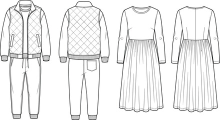 Naklejka premium Vector winter apparel zip jacket tracksuit and long dress technical flat sketch mockups set