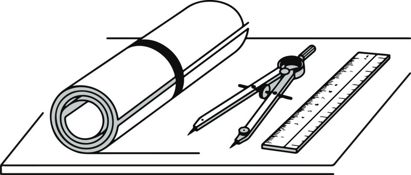 Architectural drafting tools blueprint compass pencil and ruler illustration