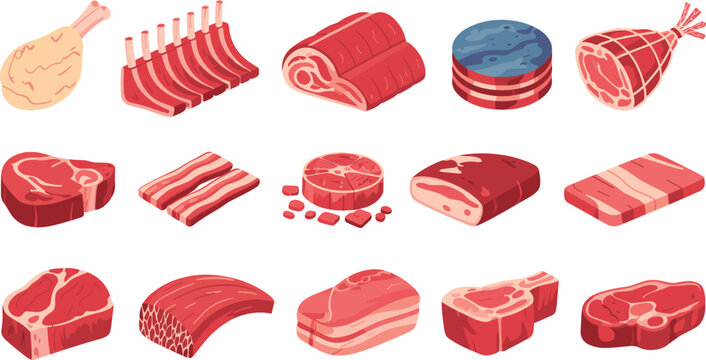 Meat assortment flat vector illustration. Raw beef steaks, pork chops, ribs, bacon slices, and ham create a butcher shop icon set.