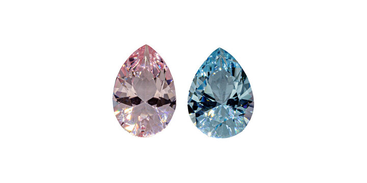 Aquamarine blue and morganite pink faceted pear cut stone mineral macro photography on white isolated background close up