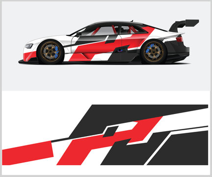 Dynamic Race Car Wrap Design with Bold Graphics