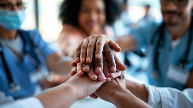 Top down view of hands of diverse healthcare colleagues stacked together over a bright white table in a clean staff room team spirit and mutual support concept teamwork unity