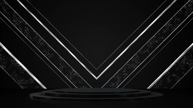 Black and silver stage background chevron lines, dotted panels, circular podium space. award ceremony intros, product launches, music shows, luxury events, dramatic presentation overlays, winners