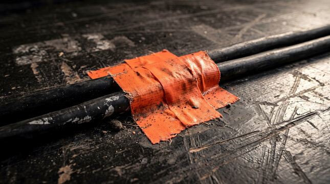 Orange gaffer tape securing black cables on stage floor.