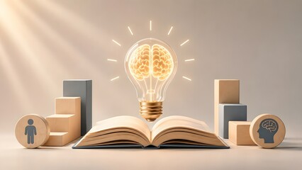 Cognitive development and continuous learning concept featuring glowing brain inside lightbulb over open book with growth steps