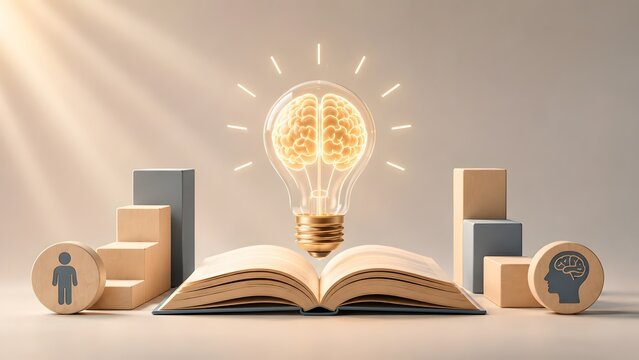 Cognitive development and continuous learning concept featuring glowing brain inside lightbulb over open book with growth steps