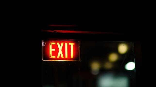 Bright red exit sign in a dark space showing the way to leave a building