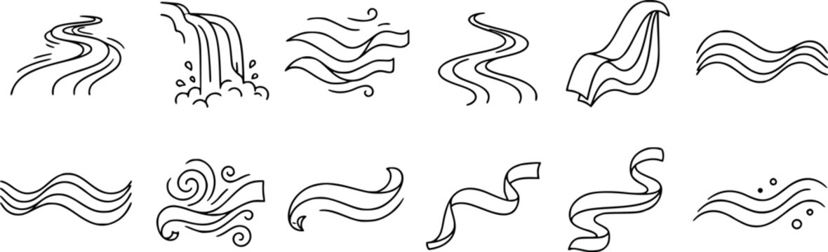 Set of hand drawn flowing ribbons, water streams, and wind gusts isolated on white background transparent background