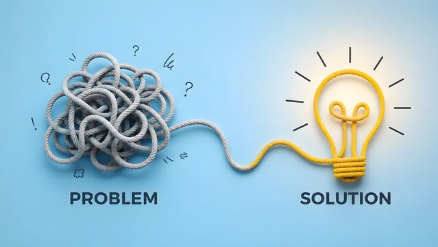 Creative problem solving strategy with knotted rope resolving into glowing yellow lightbulb for innovative business solutions