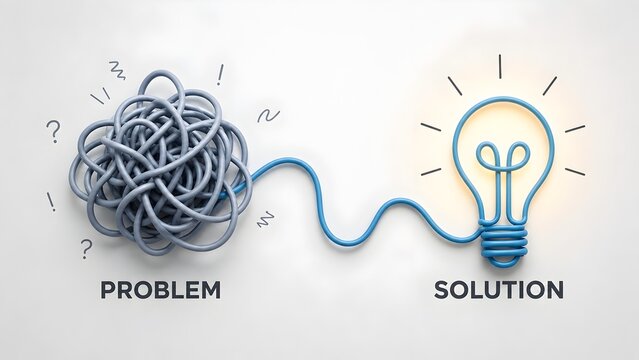 Problem solving and business innovation concept depicting tangled wire transforming into bright lightbulb for strategic solutions