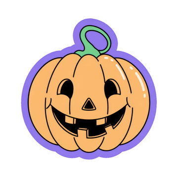 Smiling Halloween pumpkin lantern with carved face in retro cartoon sticker style on white background, concept of October holiday and spooky season greeting.