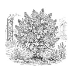 Fototapeta premium Lilac bush in garden setting line art
