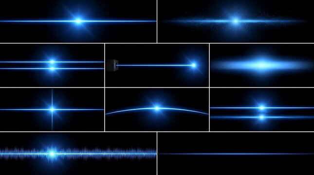 Set of blue light flare effects and horizontal glowing laser beams isolated on a dark black background for digital design