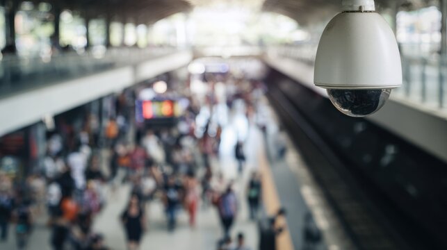 Crowd at a train station with security camera observing the activities during the day
