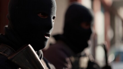 Fototapeta premium Masked individuals hold firearms in a city setting during a tense moment near sunset