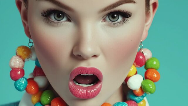 Close up tracking shot of woman model changing facial expressions while wearing colorful candy necklace on teal studio background