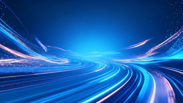Abstract blue technology background with glowing light trails and motion blur speed effect