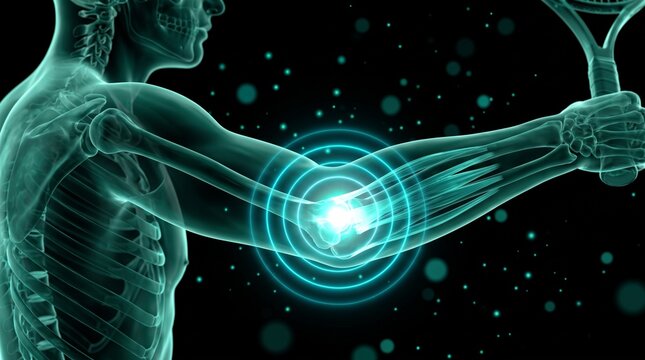 Epicondilitis lateral (codo de tenista): visualizaci&oacute;n m&eacute;dica en 3D de la anatom&iacute;a del brazo humano con la articulaci&oacute;n del codo inflamada durante el movimiento de golpeo en el tenis.