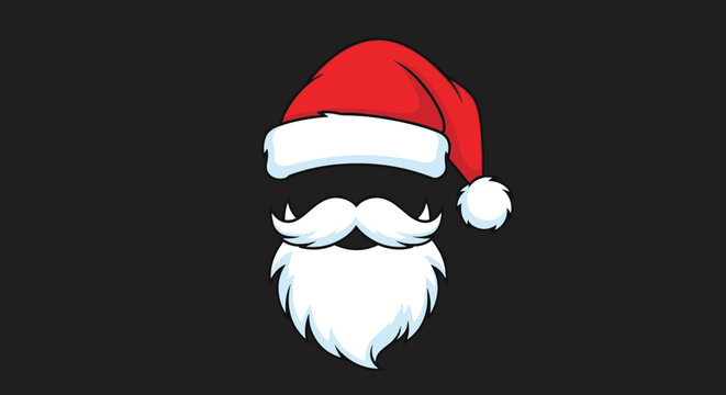 Santa Claus red hat and white beard illustration against a black background for Christmas holiday celebrations and festive seasonal design.