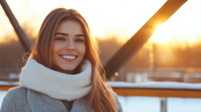 Smiling woman wearing a scarf enjoys a sunset on a winter evening