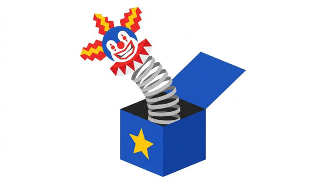 Fun clown popping out of colorful gift box with spring and cheerful face on a bright background for celebration and entertainment