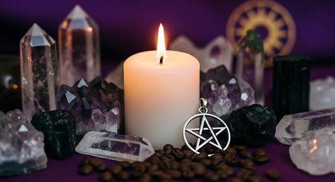 Close-up of a lit candle surrounded by crystals, pentacle, and coffee beans on a purple cloth