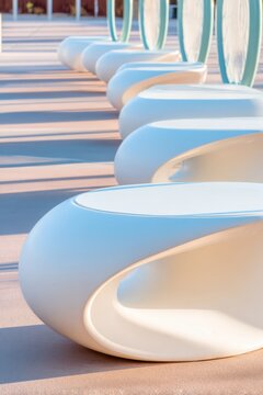 Minimal modern outdoor seating row with rounded white benches and pastel shadows for design background and poster layout