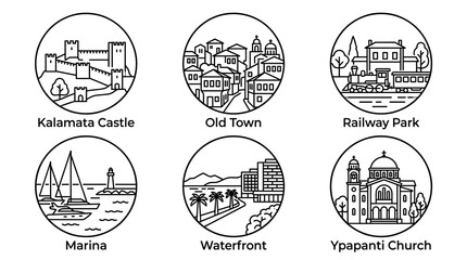 Obraz premium Kalamata Greece landmarks vector line art set with 6 labeled circular icons of Kalamata Castle, Old Town, Railway Park, Marina, Waterfront and Ypapanti Church