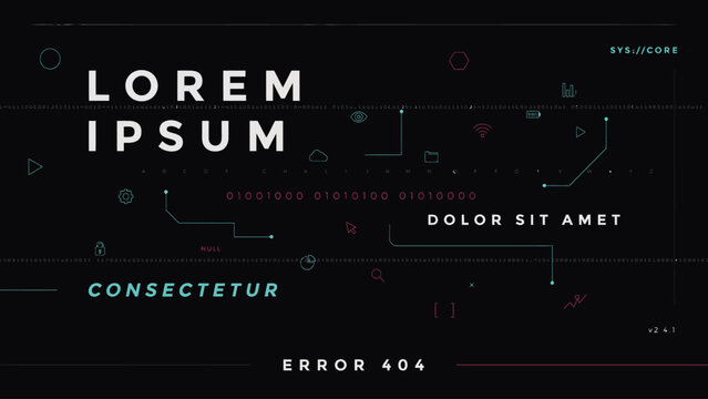 Glitch error interface template. Dark digital screen with 404 message, distortion effects and placeholder text for technology concepts, web design and cybersecurity presentations.