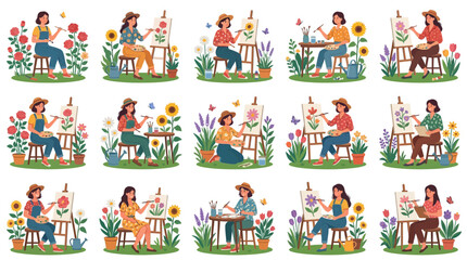 Naklejka premium Set of female artists painting floral canvases in a garden
