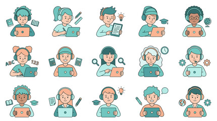 Fototapeta premium Flat vector set of students using tablets for online learning