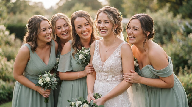 Outdoor portrait of bride and bridesmaids celebrating wedding day, surrounded by natural garden environment. Smiling bride and bridesmaids share laughter and embrace moments.