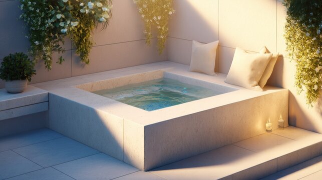 Modern stone hot tub in outdoor garden setting. Luxurious spa area with water for relaxation and wellness. Comfortable seating with pillow and plant decor in tranquil home backyard.