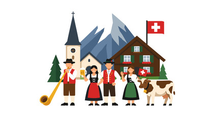 Naklejka premium Group of people in traditional Swiss clothing in alpine setting.